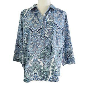 Chico's Effortless Gabrielle No Iron Blue Paisley Cotton Button-Up Shirt Boho